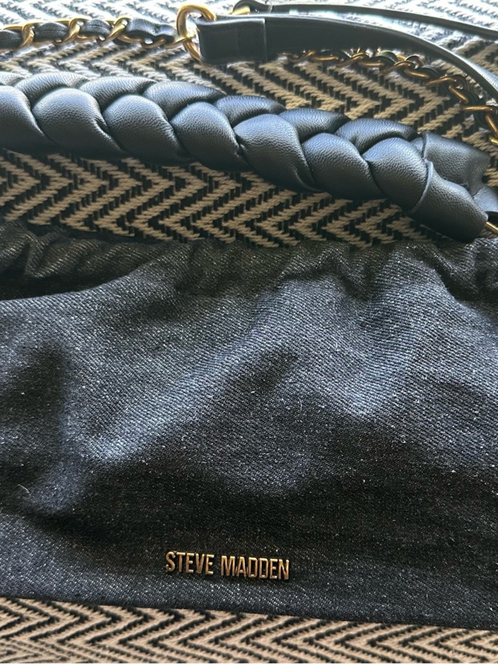 Steve Madden Black Shoulder Bag with Braided Strap and Gold Accent